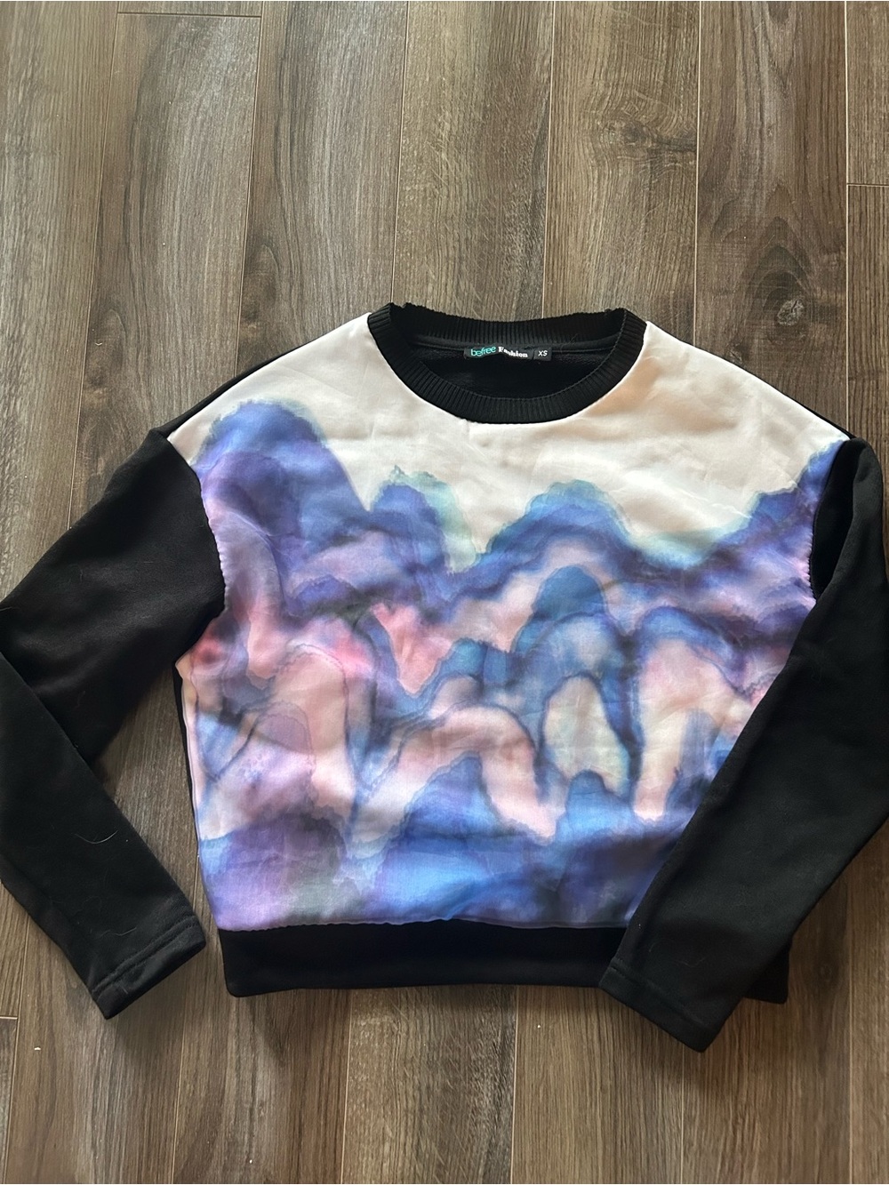 Watercolor Front Crewneck Sweater - Black with Blue & Pink